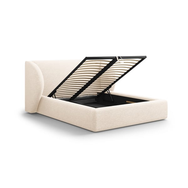 Krémová čalúnená dvojlôžková posteľ s úložným priestorom s roštom 160x200 cm Miley – Micadoni-image-3