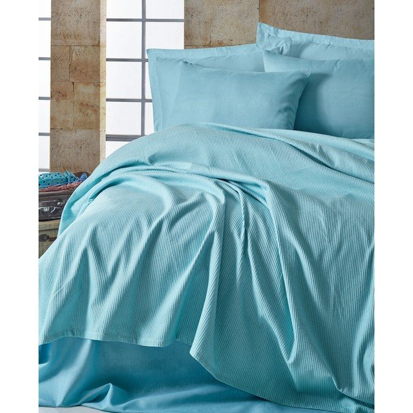 Set prehozu, plachty a 2 obliečok na vankúše EnLora Home Deportes Baby Blue, 200 x 235 cm