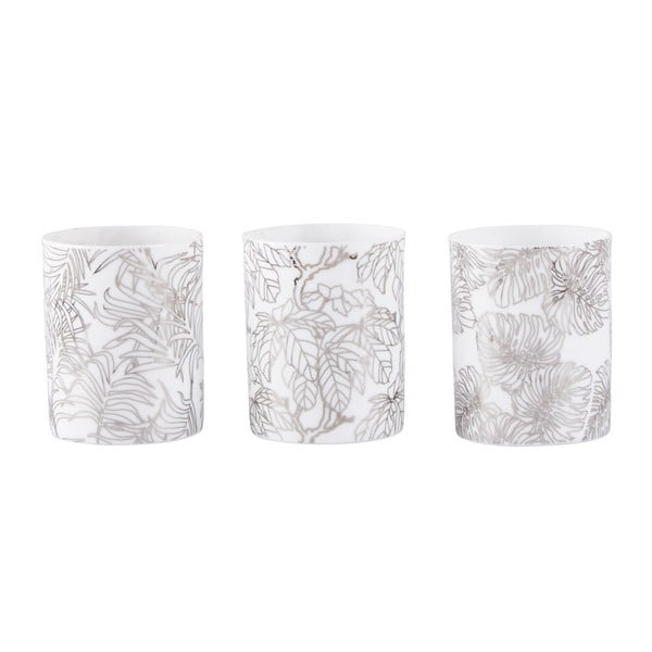 Sada 3 bielych svietnikov na čajovú sviečku s potlačou v striebornej farbe KJ Collection Nyny