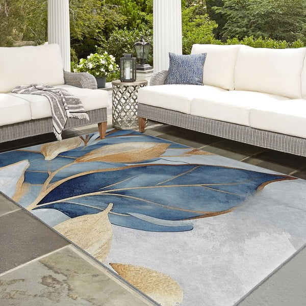 Prateľný koberec v modrej a zlatej farbe 120x180 cm Golden Leaves – Mila Home-image-3