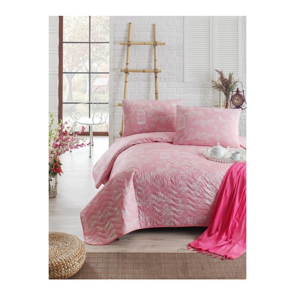 Ružový prešívaný ľahký pléd s obliečkou na vankúš Pretty, 160 x 220 cm