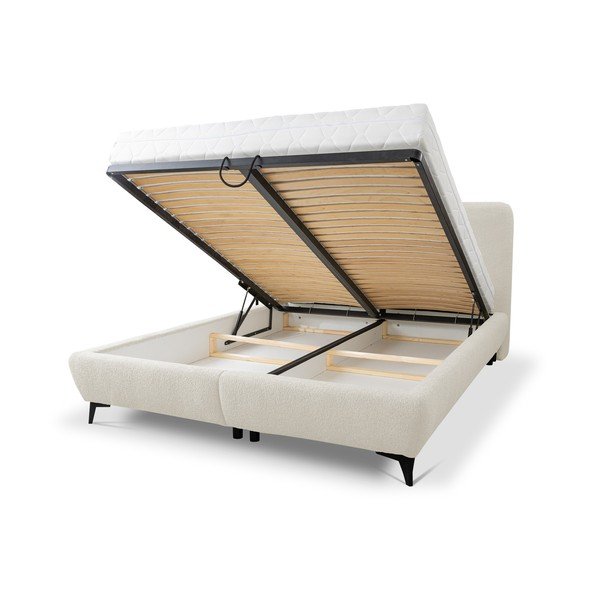 Béžová čalúnená dvojlôžková posteľ s úložným priestorom s roštom 140x200 cm Makapu – Makamii-image-1