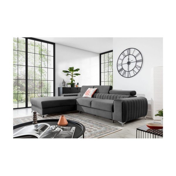 Tmavosivá zamatová rozkladacia/s úložným priestorom rohová pohovka (ľavý roh/s leňoškou) Grayson – ELTAP-image-1