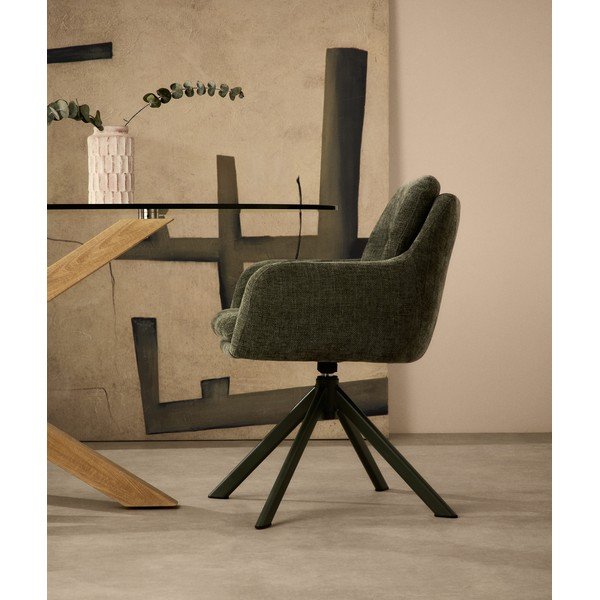 Tmavozelené čalúnené jedálenské kreslo s podrúčkami Lexa – Kave Home-image-1