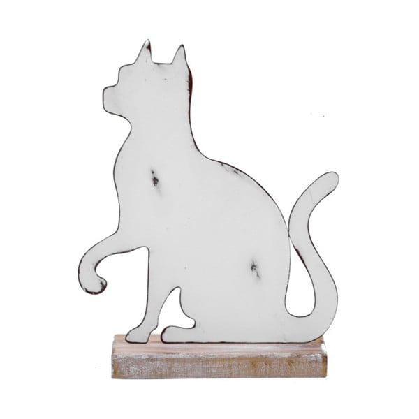 Malá biela kovová dekorácia na drevenom podstavci s motívom mačky Ego Dekor, 15 × 19,5 cm