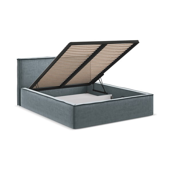 Svetlomodrá čalúnená dvojlôžková posteľ s úložným priestorom s roštom 140x200 cm Anani – Makamii-image-3