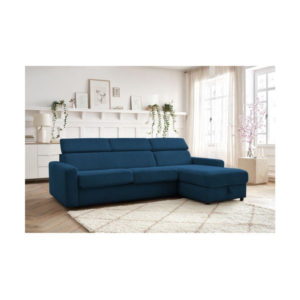 Tmavomodrá menčestrová rozkladacia rohová pohovka (variabilná) Monaco – Bobochic Paris-image-1