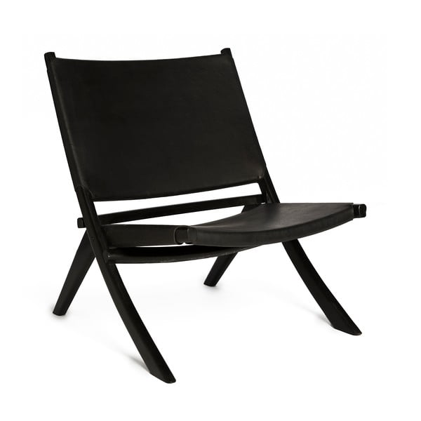 Čierna stolička s konštrukciou z teakového dreva a sedadlom z hovädzej kože Simla Fold