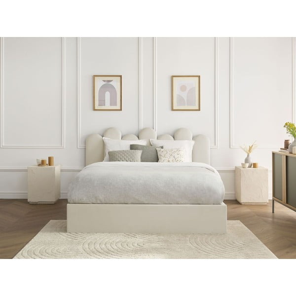 Béžová čalúnená dvojlôžková posteľ s úložným priestorom s roštom 160x200 cm Badja – Bobochic Paris-image-1