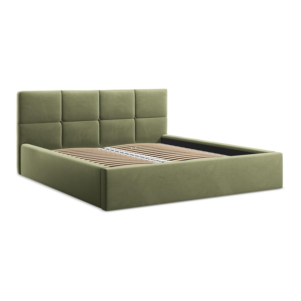 E-shop Zelená zamatová čalúnená dvojlôžková posteľ s úložným priestorom s roštom 140x200 cm Hiko – Makamii