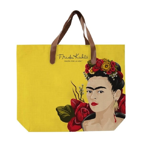 Žltá plátená taška s uchom z imitácie kože Madre Selva Frida Roses, 55 × 40 cm