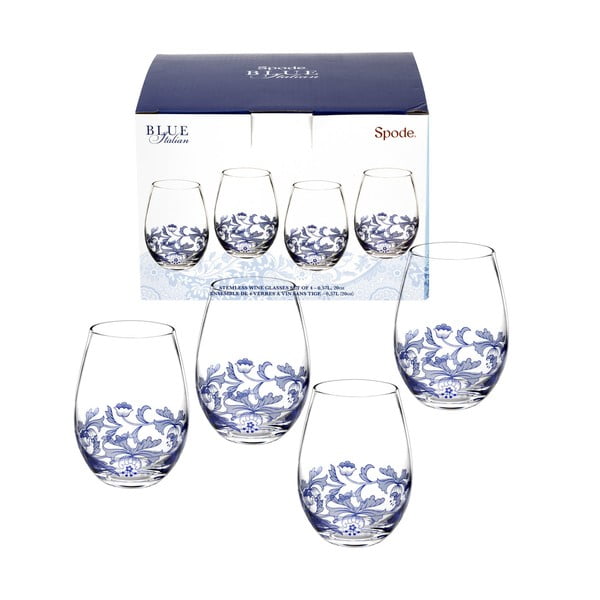Sada 4 bielo-modrých sklenených pohárov na víno bez nohy Spode Blue Italian, 570 ml