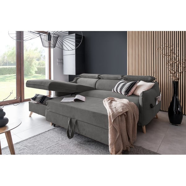 Tmavosivá zamatová rozkladacia rohová pohovka (ľavý roh) Sweet Harmony – Miuform-image-4