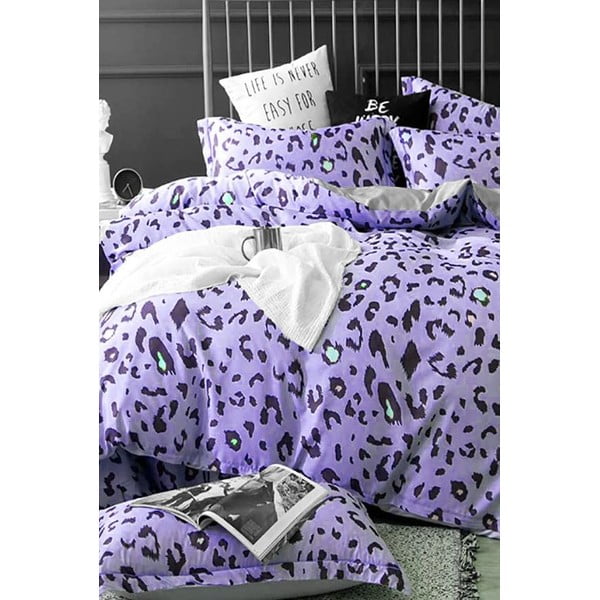 Fialové predĺžené štvordielne bavlnené obliečky na dvojlôžko s plachtou 200x220 cm Leopard – Mila Home