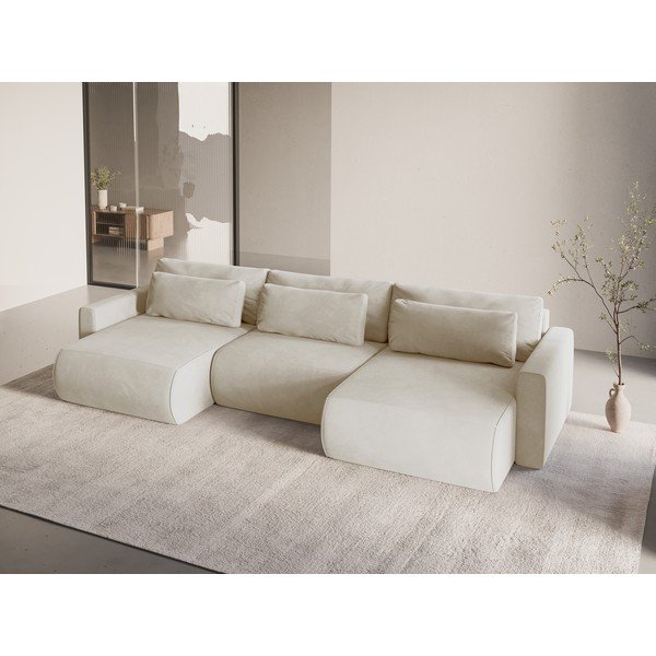 Béžová zamatová rozkladacia rohová pohovka s úložným priestorom (do "U") Belfast – Cosmopolitan Design-image-1