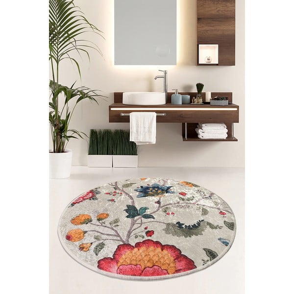 Sivá zamatová kúpeľňová predložka ø 140 cm Vintage Flower – Foutastic-image-1