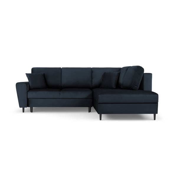 Tmavomodrá zamatová rozkladacia/s úložným priestorom rohová pohovka (pravý roh/do L) Kyoto – Cosmopolitan Design