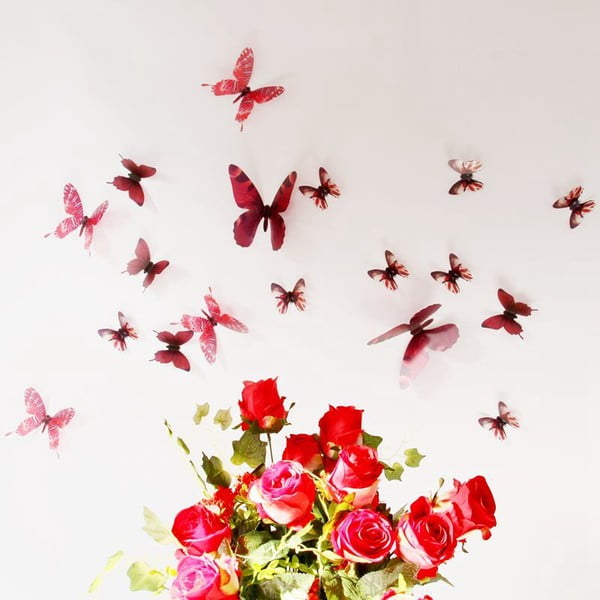 Sada 18 červených adhezívnych 3D samolepiek Ambiance Butterflies Chic