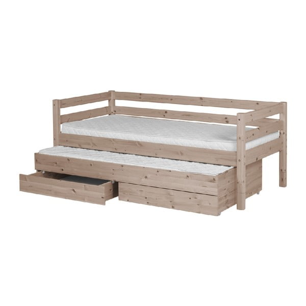 Hnedá detská posteľ z borovicového dreva s výsuvným lôžkom a 2 zásuvkami Flexa Classic, 90 × 200 cm