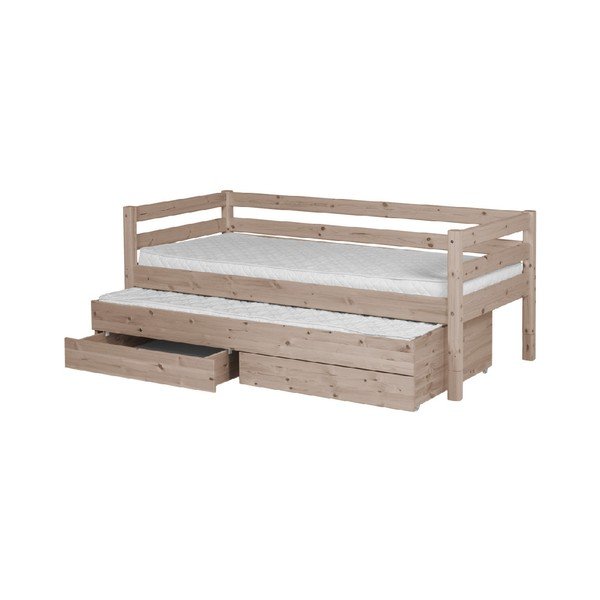 Hnedá detská posteľ z borovicového dreva s výsuvným lôžkom a 2 zásuvkami Flexa Classic, 90 × 200 cm