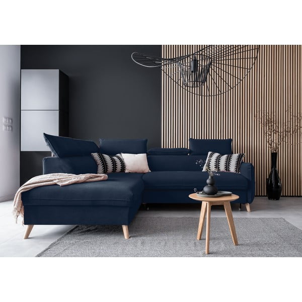 Tmavomodrá zamatová rozkladacia rohová pohovka (ľavý roh) Sweet Harmony – Miuform-image-1