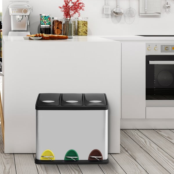 Oceľový odpadkový kôš 3x8 l na triedený odpad/nášľapný v matne striebornej farbe Tri Selectif – MSV-image-1