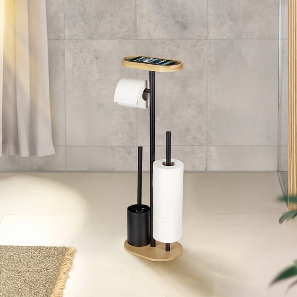 Čierny/v prírodnej farbe oceľový stojan na toaletný papier so štetkou Pomarolo – Wenko-image-1