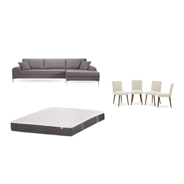 Set hnedej pohovky s leňoškou vpravo, 4 krémových stoličiek a matraca 160 × 200 cm Home Essentials