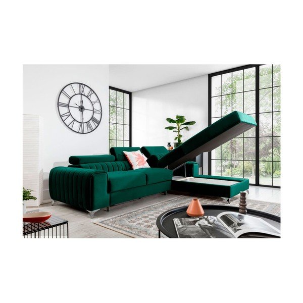 Zelená zamatová rozkladacia/s úložným priestorom rohová pohovka (pravý roh/s leňoškou) Grayson – ELTAP-image-3