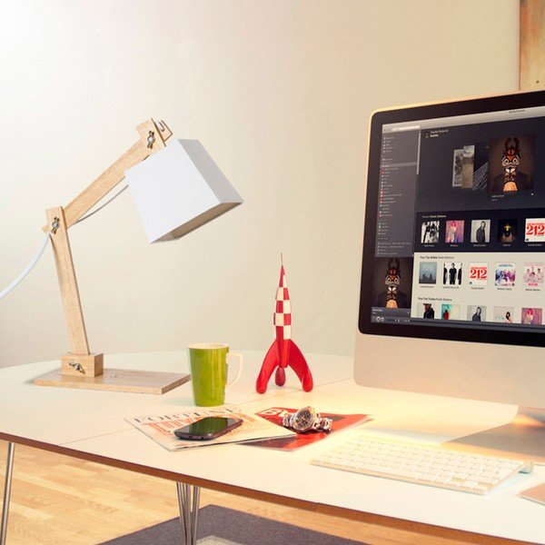 Biela stolová lampa s dřevěnou konstrukcí SULION Erasmo-image-1