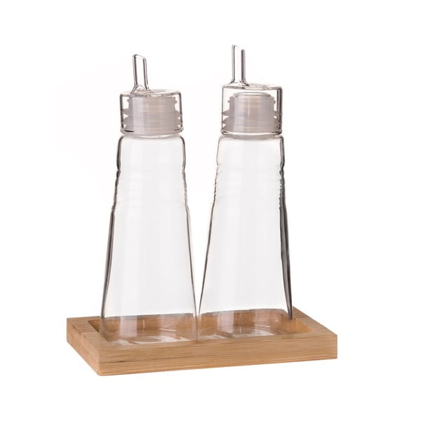Set 2 sklenených fľašiek na olej a ocot na bambusovom stojane Unimasa, 180 ml