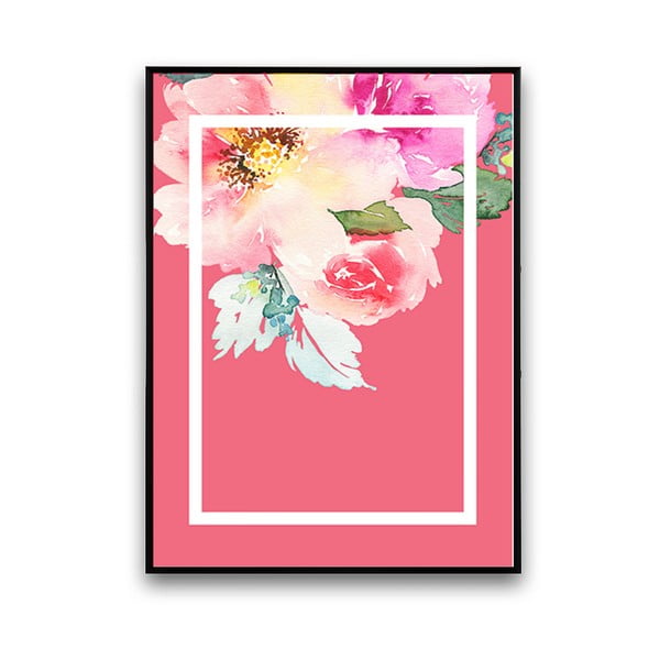 Plagát s kvetmi, ružové pozadie v bielem rámčeku, 30 x 40 cm