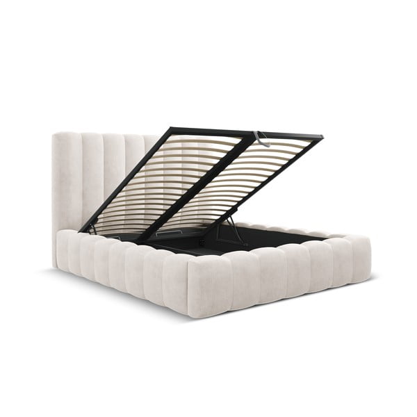 Krémová čalúnená dvojlôžková posteľ s úložným priestorom a roštom 200x200 cm Kelp – Micadoni Home-image-2