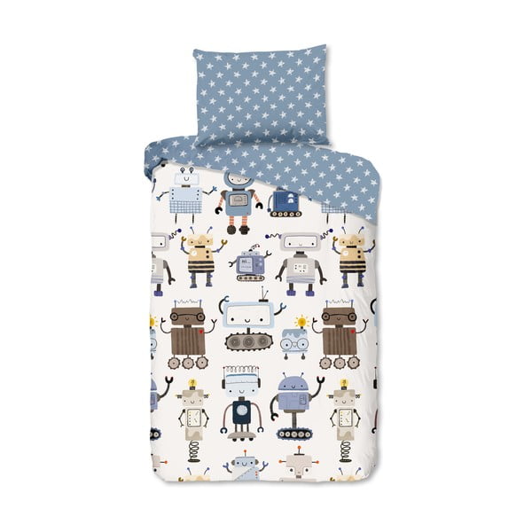 Modré/béžové bavlnené detské obliečky na jednolôžko 140x200 cm Robo – Good Morning