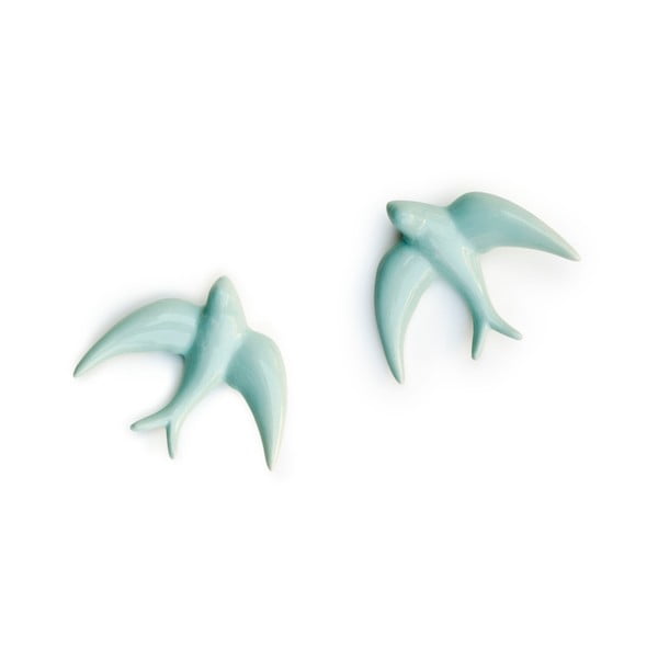 Súprava 2 ručne vyrobených svetlomodrých nástenných porcelánových dekorácií Velvet Atelier Golondrinas-image-2