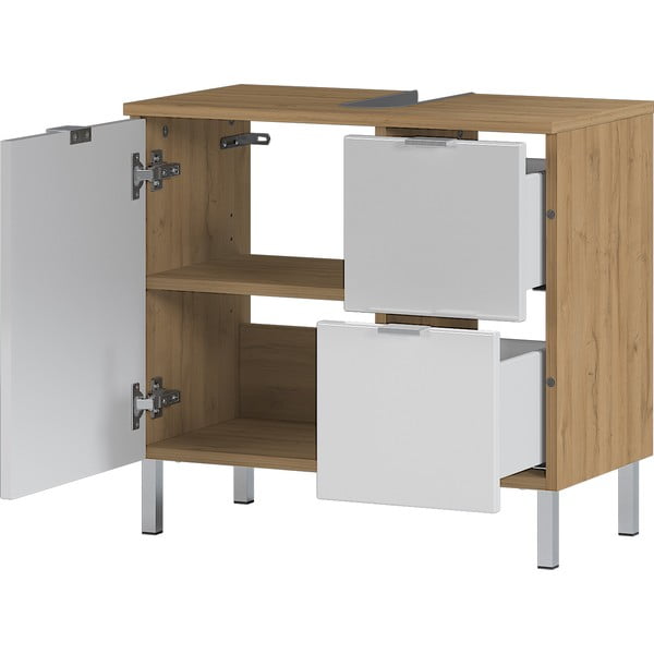 Biela skrinka pod umývadlo s dubovým dekorom Germania Mauresaa, šírka 60 cm-image-3