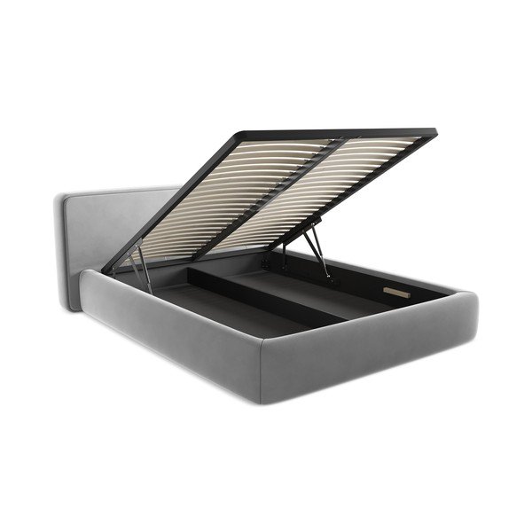 Sivá čalúnená dvojlôžková posteľ s úložným priestorom s roštom 160x200 cm Kiana – Makamii-image-3