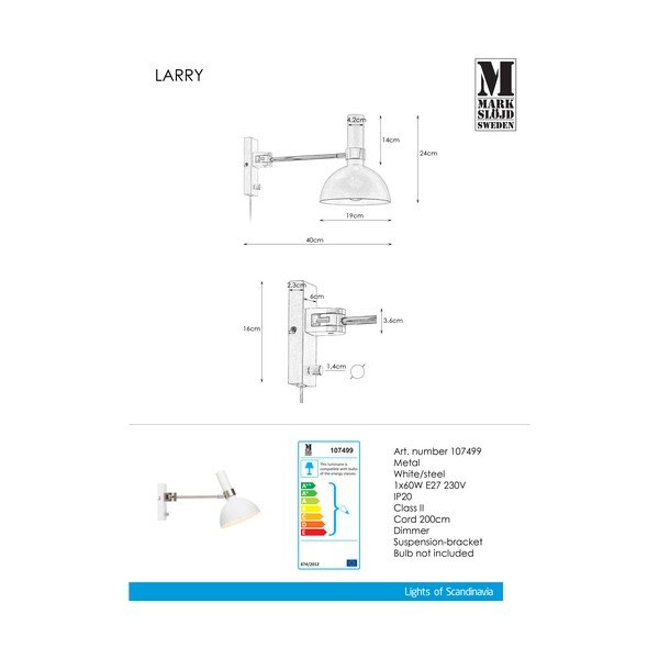 Biela nástenná lampa Markslöjd Larry-image-3