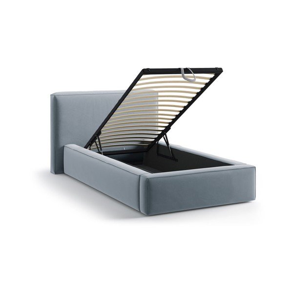 Svetlomodrá čalúnená jednolôžková posteľ s úložným priestorom s roštom 90x200 cm Jodie – Micadoni -image-1