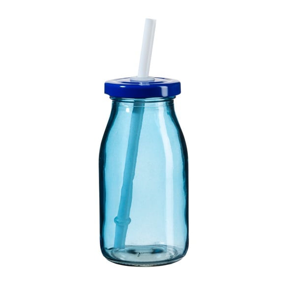 Modrá fľaša na smoothie s viečkom a slamkou SUMMER FUN II, 200 ml
