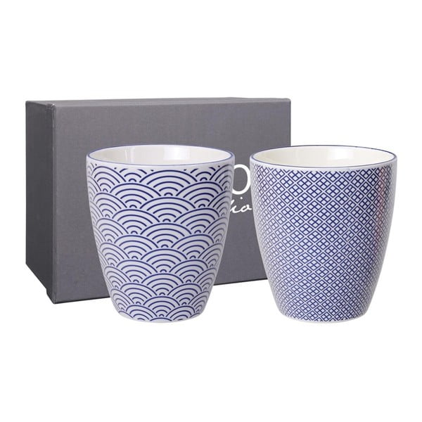 Sada 2 modrých porcelánových hrnčekov na čaj Tokyo Design Studio Wave & Squares