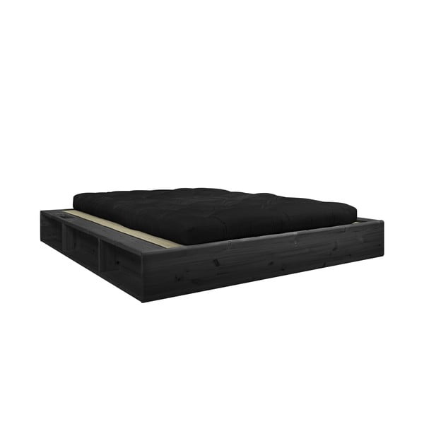 Čierna dvojlôžková posteľ z masívneho dreva s čiernym futonom Double Latex a tatami Karup Design Ziggy, 160 x 200 cm