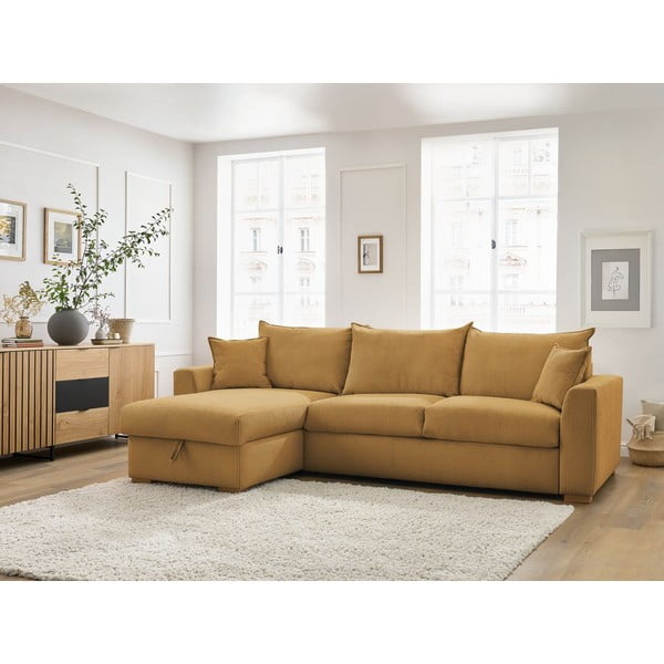 Žltá menčestrová rozkladacia rohová pohovka (variabilná) Augustin – Bobochic Paris-image-1