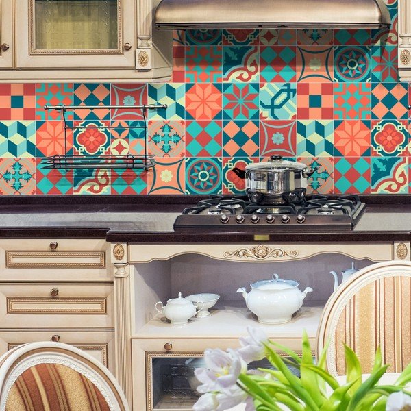Sada 16 nástenných samolepiek Ambiance Wall Stickers Tiles Azulejos Colorful Vintage Style, 10 × 10 cm-image-2