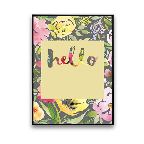 Plagát s kvetmi Hello, žluté pozadie, 30 x 40 cm