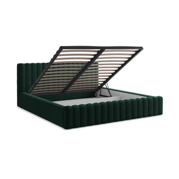 Tmavozelená čalúnená dvojlôžková posteľ s úložným priestorom s roštom 140x200 cm Lemi – Makamii-image-3
