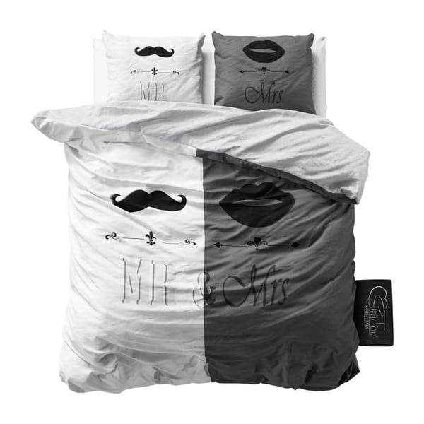 Sivé obliečky z mikroperkálu Sleeptime Mr and Mrs, 160 x 200 cm