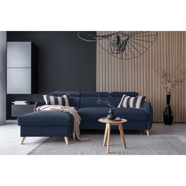 Tmavomodrá zamatová rozkladacia rohová pohovka (ľavý roh) Sweet Harmony – Miuform-image-1