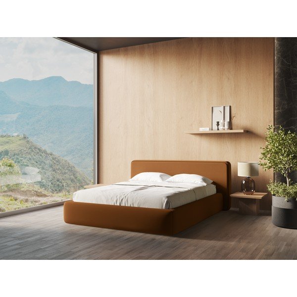 Čalúnená dvojlôžková posteľ v terakotovej farbe s úložným priestorom s roštom 140x200 cm Kiana – Makamii-image-1