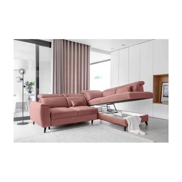 Ružová zamatová rozkladacia/s úložným priestorom rohová pohovka (pravý roh/do L) Noble – ELTAP-image-3